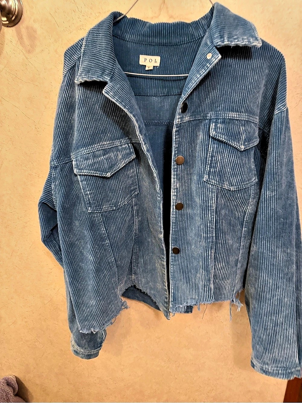 POL Button Down Corduroy Trucker Jacket Corduroy Cropped Jacket in Blue Size
